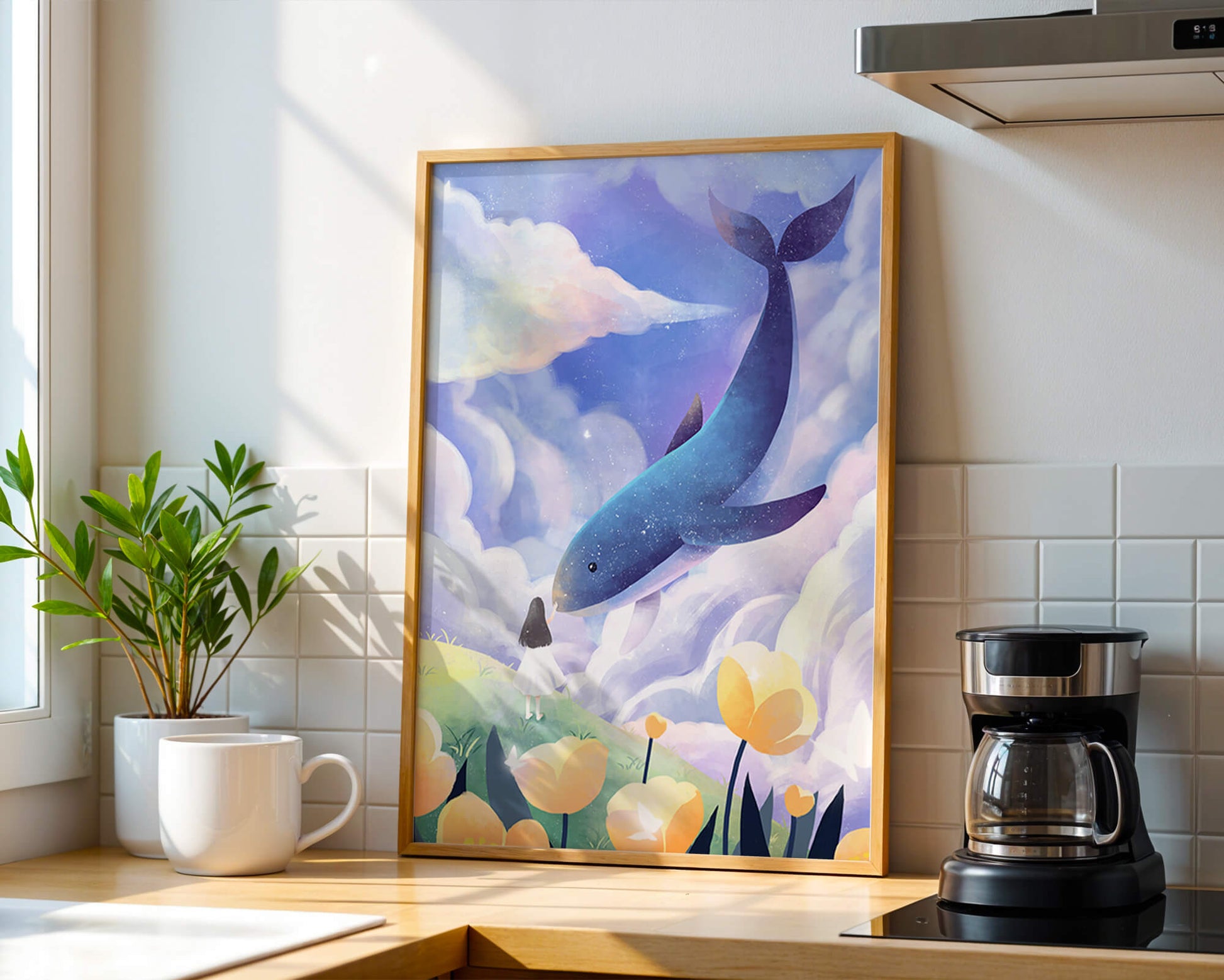 Paisaje surrealista con una ballena gigante y elementos caprichosos