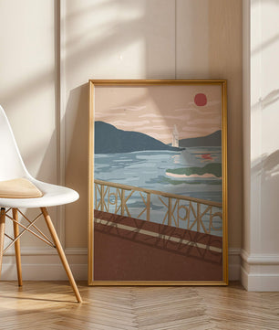 Coastal Landscape with Lighthouse and Artistic Fence at Sunset