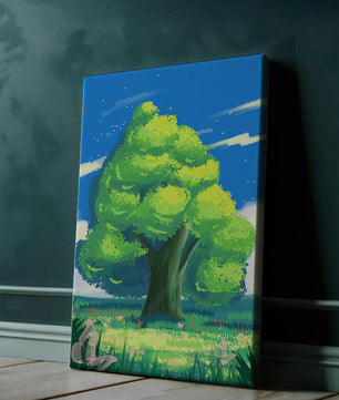  Friedlicher grüner Baum auf einer sonnigen Wiese mit Schmetterlingen