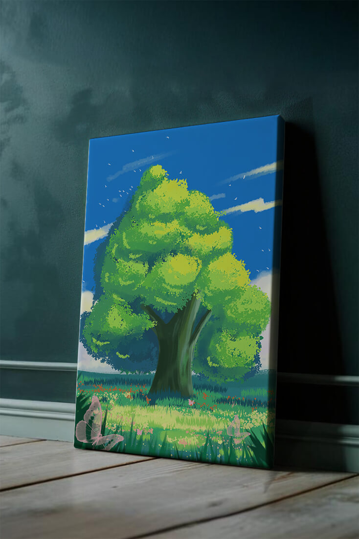  Friedlicher grüner Baum auf einer sonnigen Wiese mit Schmetterlingen