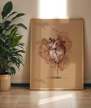Ilustración detallada de un corazón anatómico con elementos florales sobre fondo beige