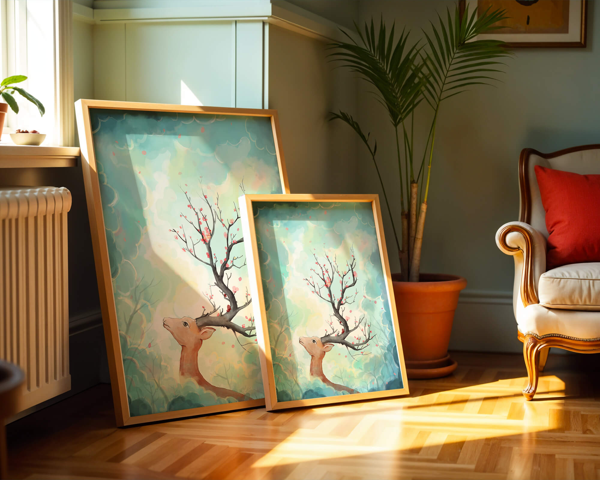 Surreal deer with branches for antlers in a pastel cloudy background