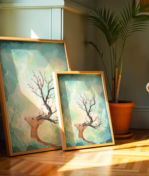 Ciervo surrealista con ramas como cuernos sobre fondo nublado en tonos pastel