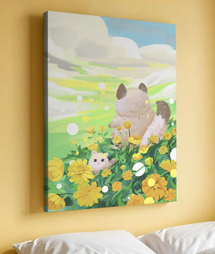 Whimsical Scene of Fluffy Cat and Kitten Among Yellow Flowers