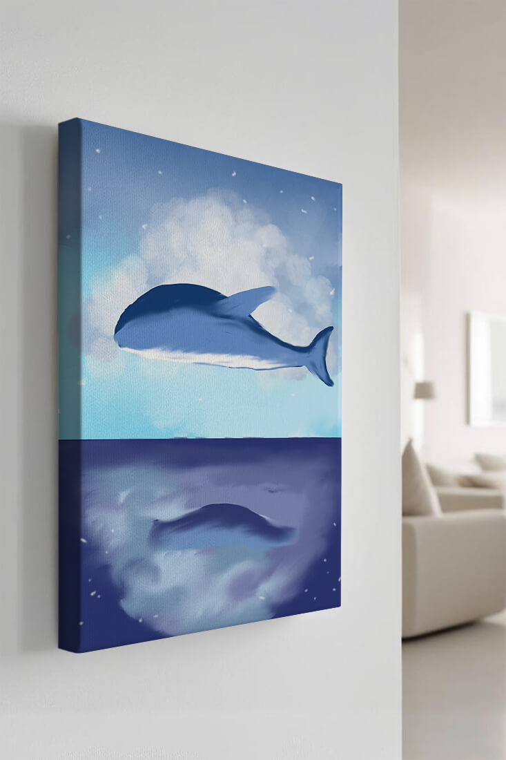 Surreal Ocean Scene with Floating Whale and Cloudy Sky Reflection