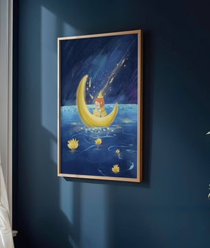 Voyage nocturne magique avec une fille dans un bateau-lune doré