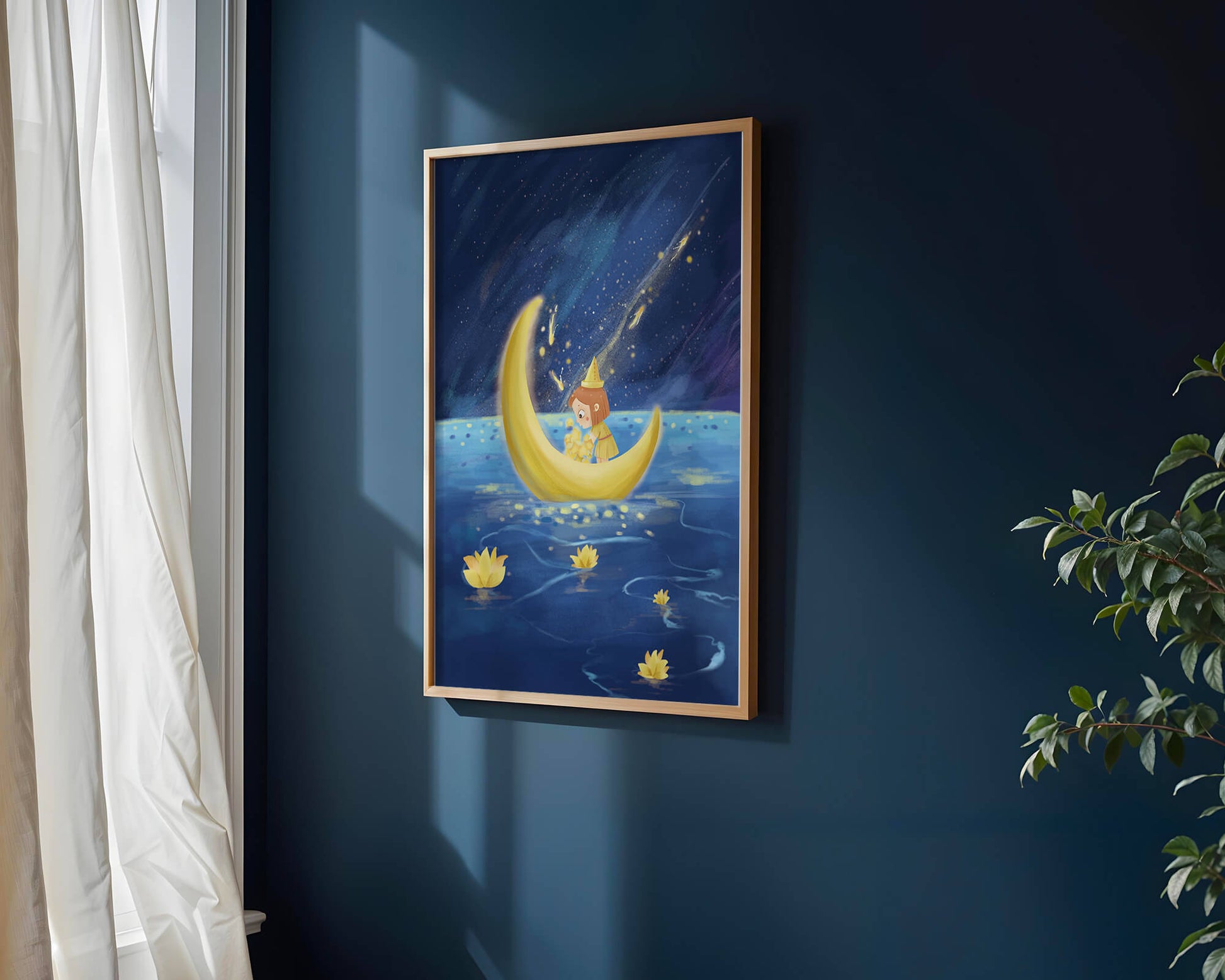 Magical Night Journey with Girl in Golden Moon Boat