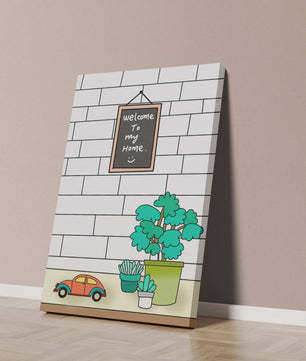 Kreidetafel-Schild mit Topfpflanzen und Spielzeugauto auf Ziegelmauer-Hintergrund