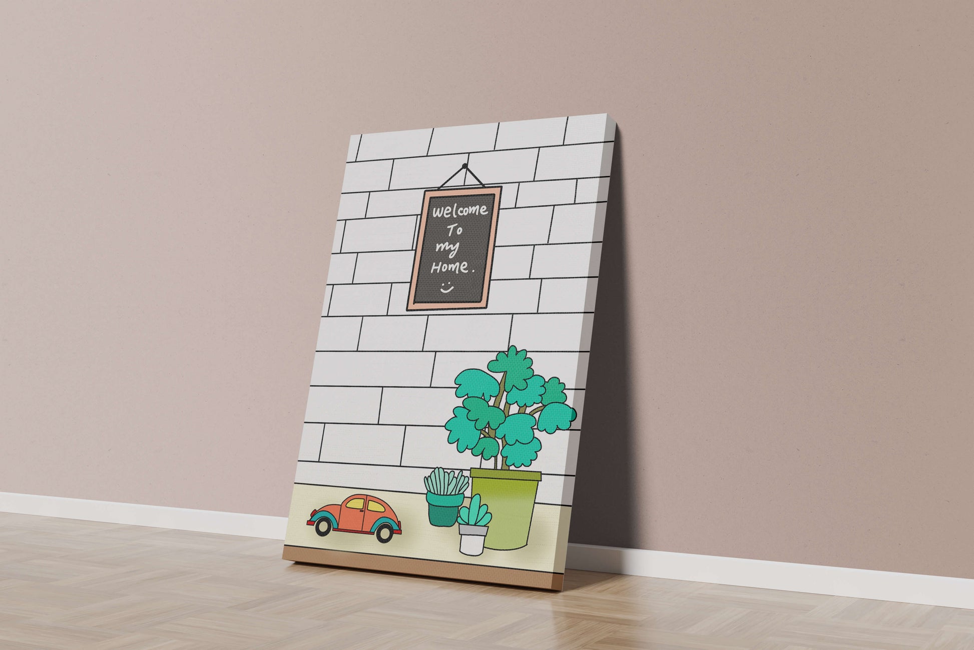 Kreidetafel-Schild mit Topfpflanzen und Spielzeugauto auf Ziegelmauer-Hintergrund