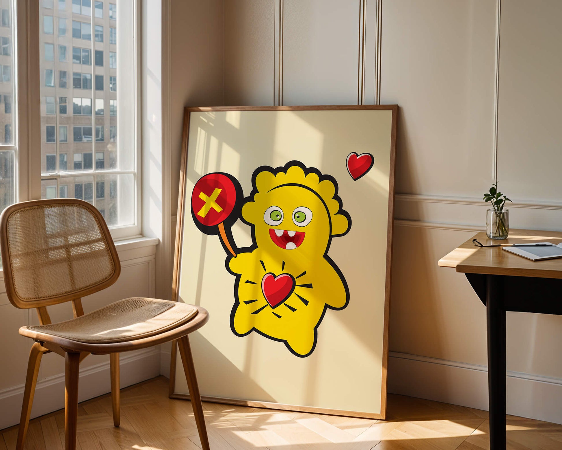 Colorful cartoon character with heart and playful design