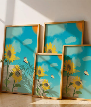 Sunflowers And Butterflies Under A Bright Blue Sky