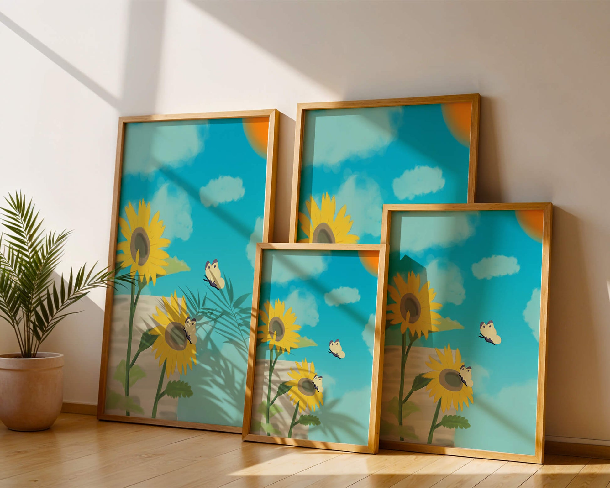Sunflowers And Butterflies Under A Bright Blue Sky