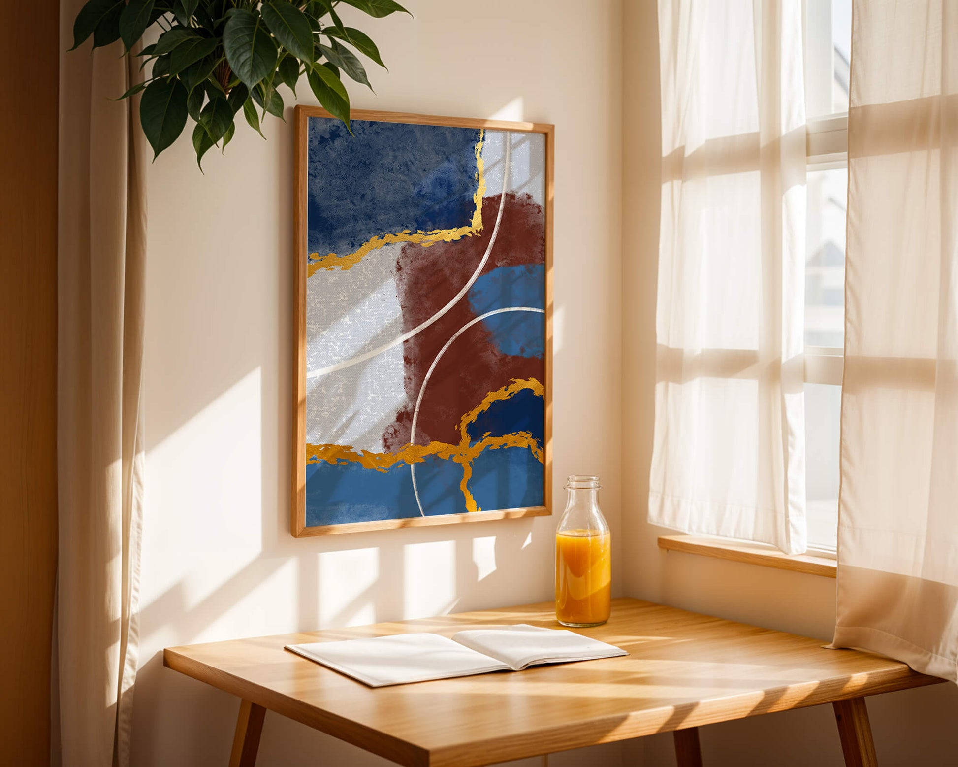 Abstract painting with gold accents and geometric elements