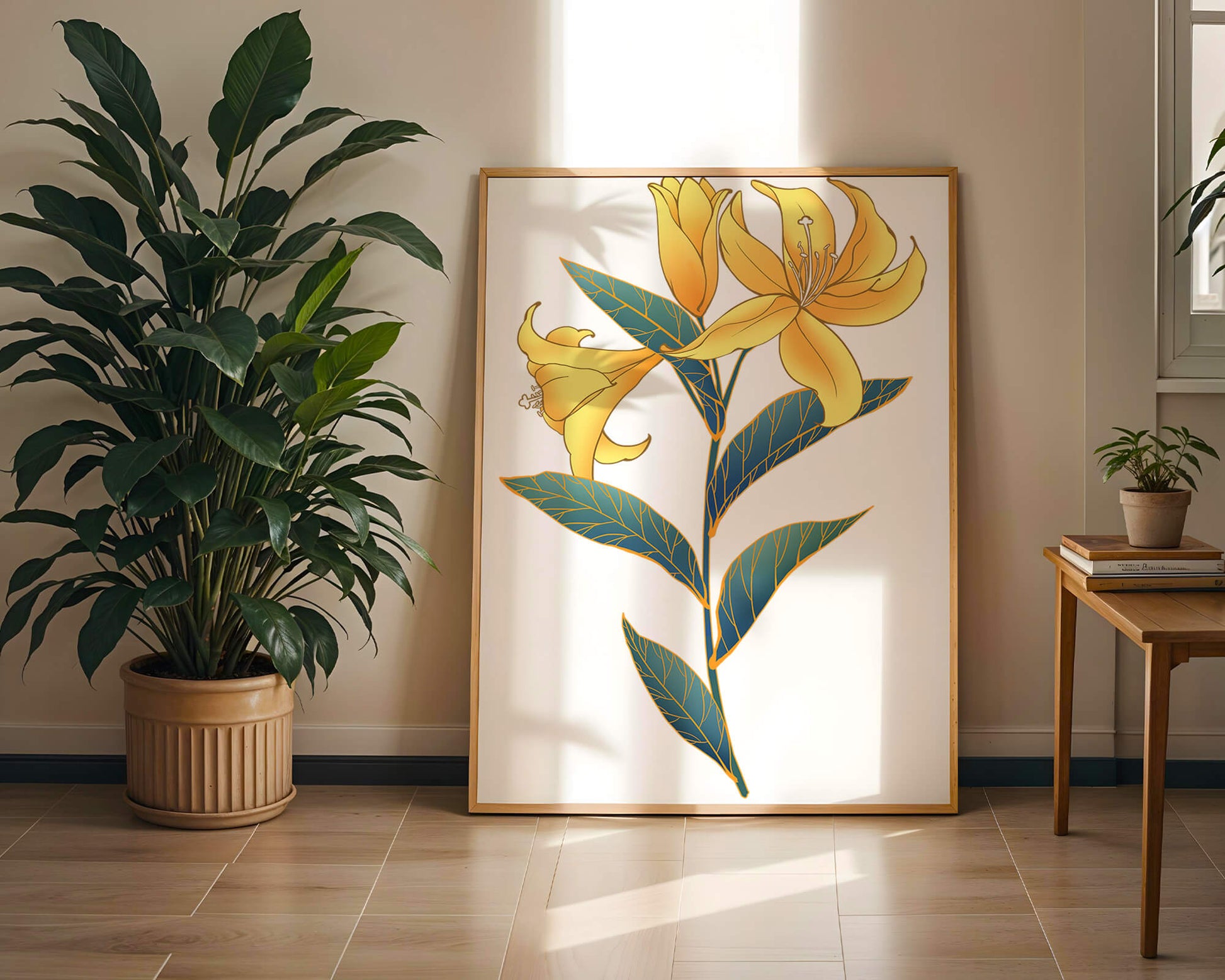 Elegant golden lily illustration with intricate leaf details