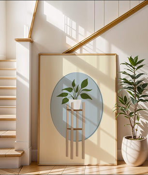 Illustration botanique moderne d'une plante en pot sur un support en bois
