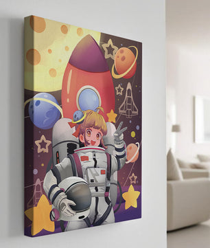 Ilustración de una chica astronauta con temática espacial