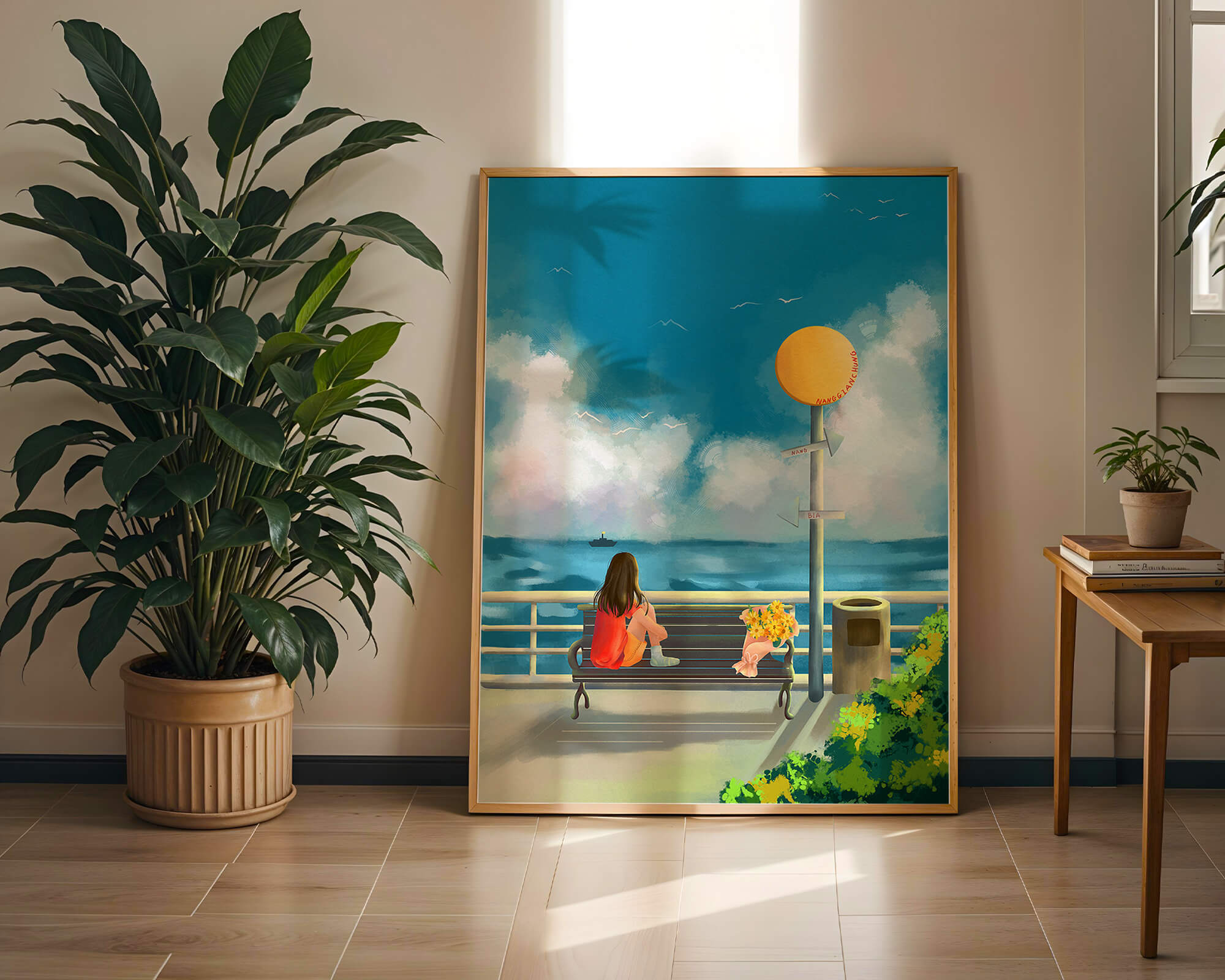 Serene waterfront scene with woman on bench facing the sea