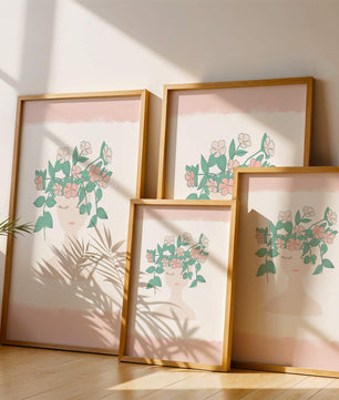 Illustration of a Minimalist Face with Floral Headpiece and Pink Background