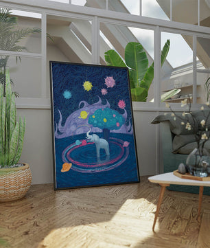 Éléphant fantastique avec arbre et fond cosmique