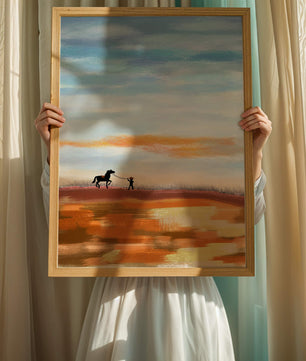 Serene landscape with cowboy and horse under vast sky