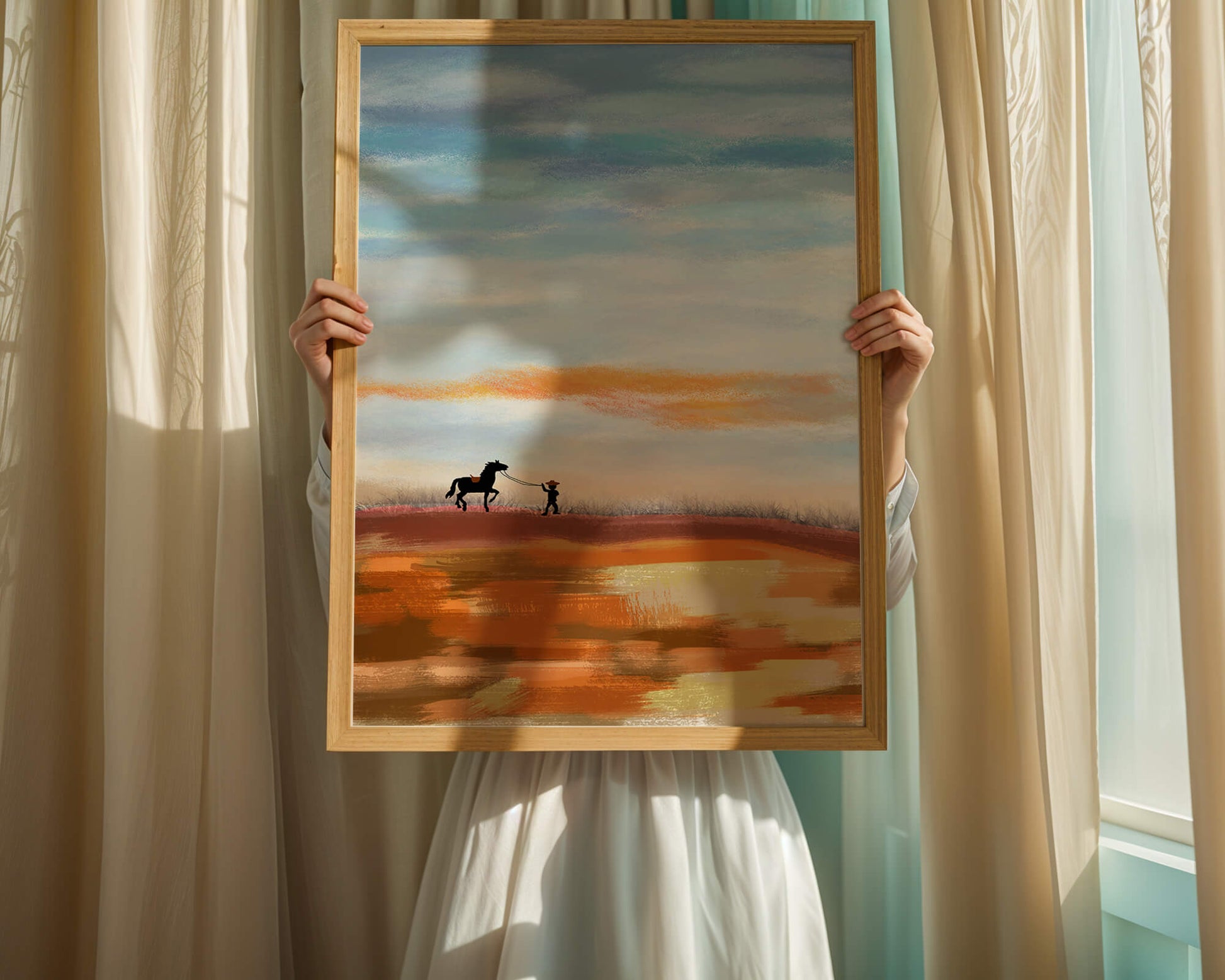 Serene landscape with cowboy and horse under vast sky