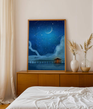 Serene Night Sky with Crescent Moon, Stars, and Pier Over Water