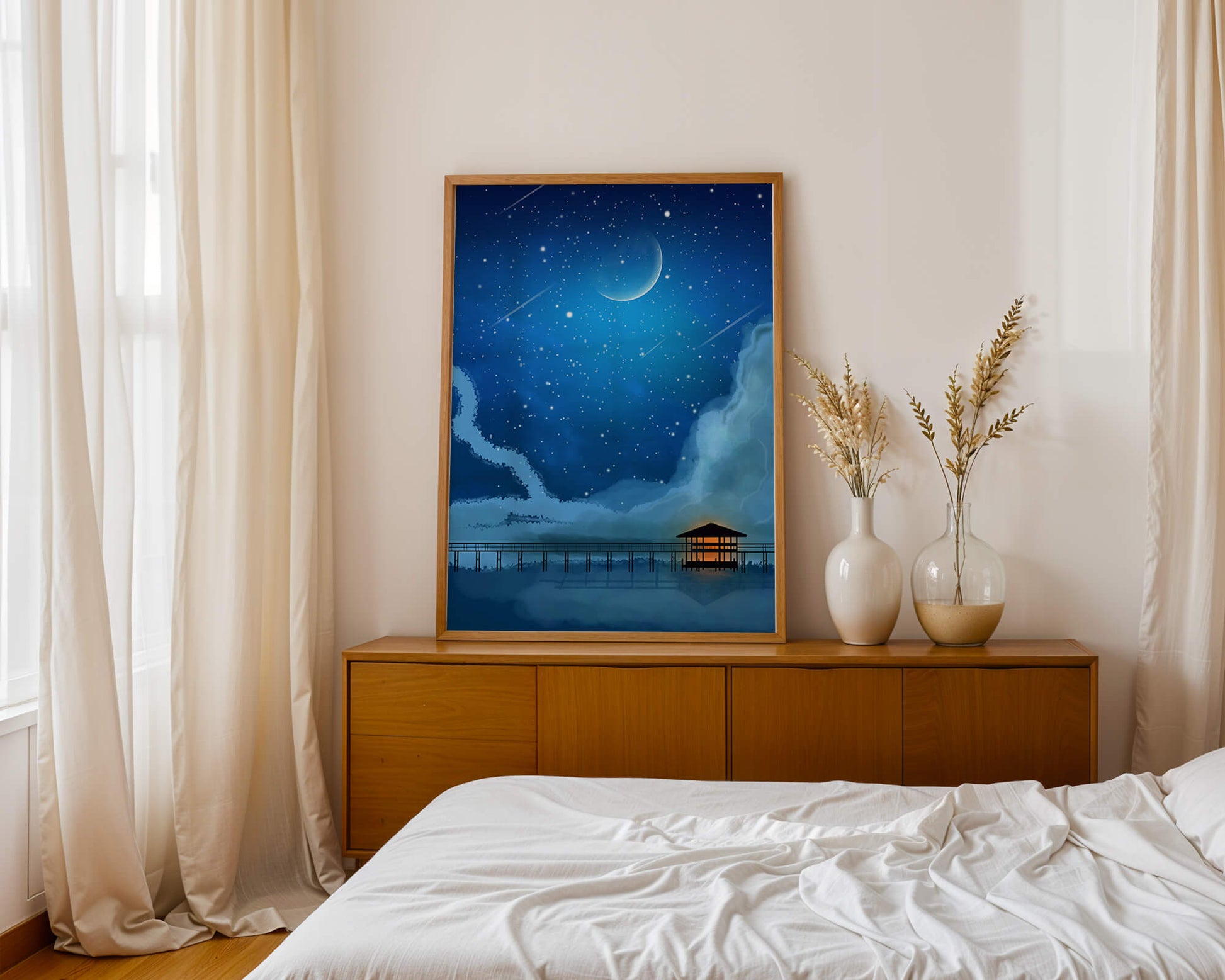 Serene Night Sky with Crescent Moon, Stars, and Pier Over Water