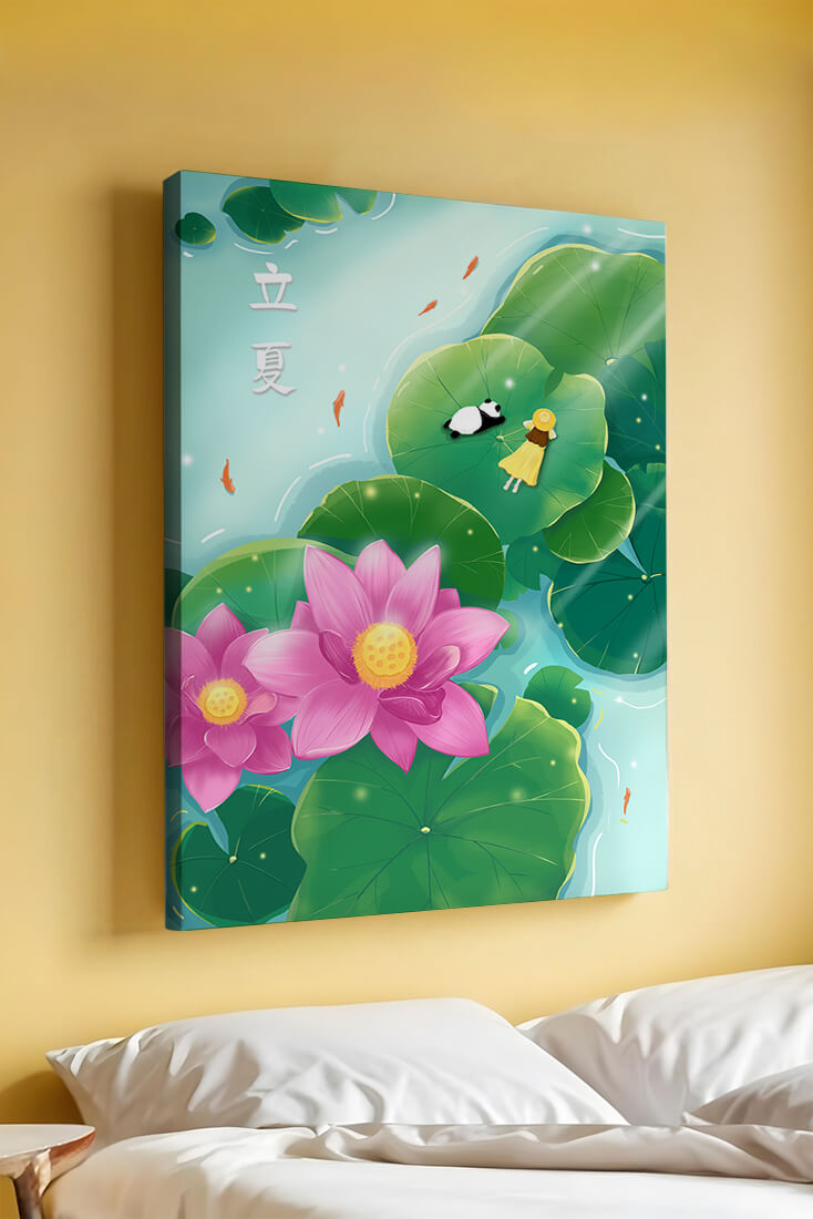 Girl and Panda Relaxing on Lily Pads with Pink Lotus and Goldfish