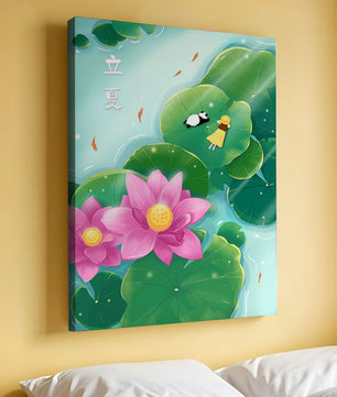 Girl and Panda Relaxing on Lily Pads with Pink Lotus and Goldfish