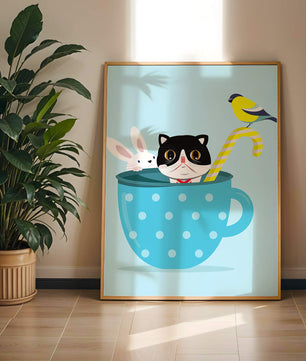 Playful illustration of cat, rabbit, and bird in a teacup