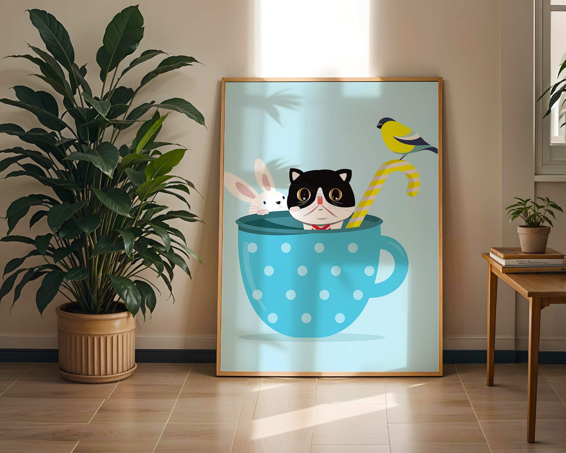 Ilustración lúdica de un gato, un conejo y un pájaro en una taza de té.