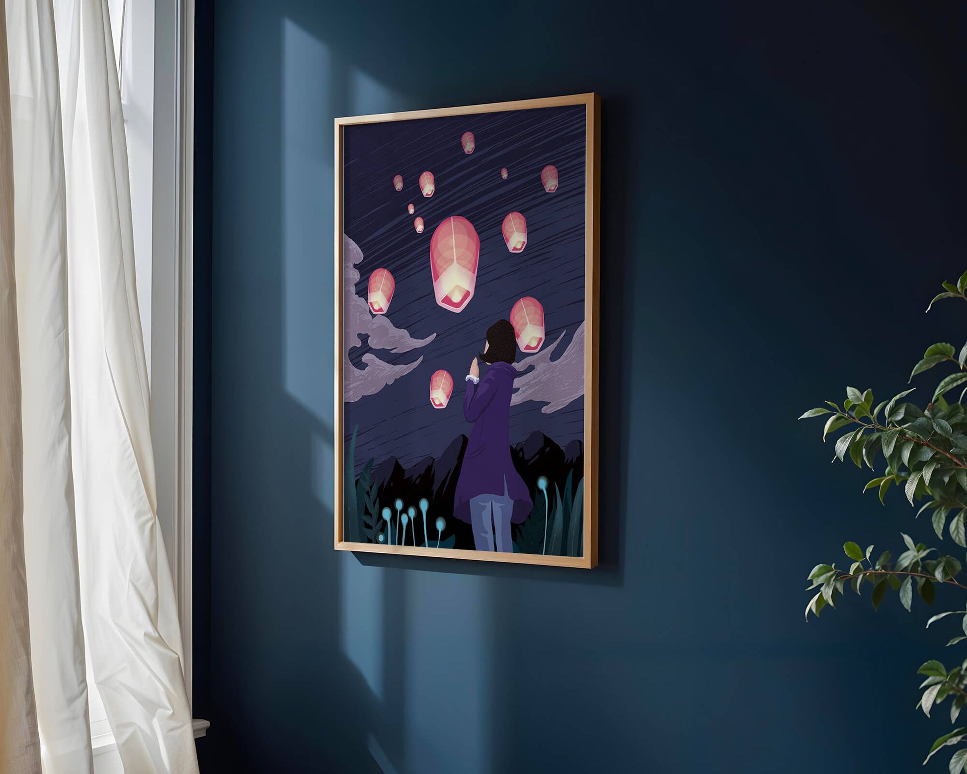 Girl Watching Pink Lanterns Soaring into the Night Sky
