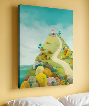 Charming lighthouse illustration on a scenic hilltop