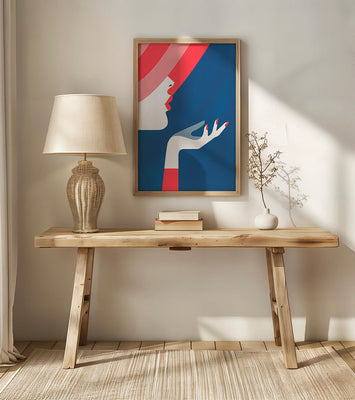 Elegant Woman with Red Hat and Stylized Hand