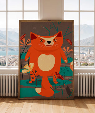 Illustration Of A Cute Orange Cat Surrounded By Stylized Trees And Plants