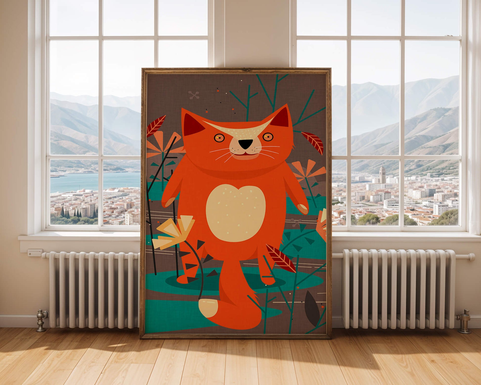 Illustration Of A Cute Orange Cat Surrounded By Stylized Trees And Plants