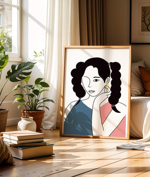 Minimalist Illustration of a Woman with Braided Hair and Gold Earring - Mi tienda