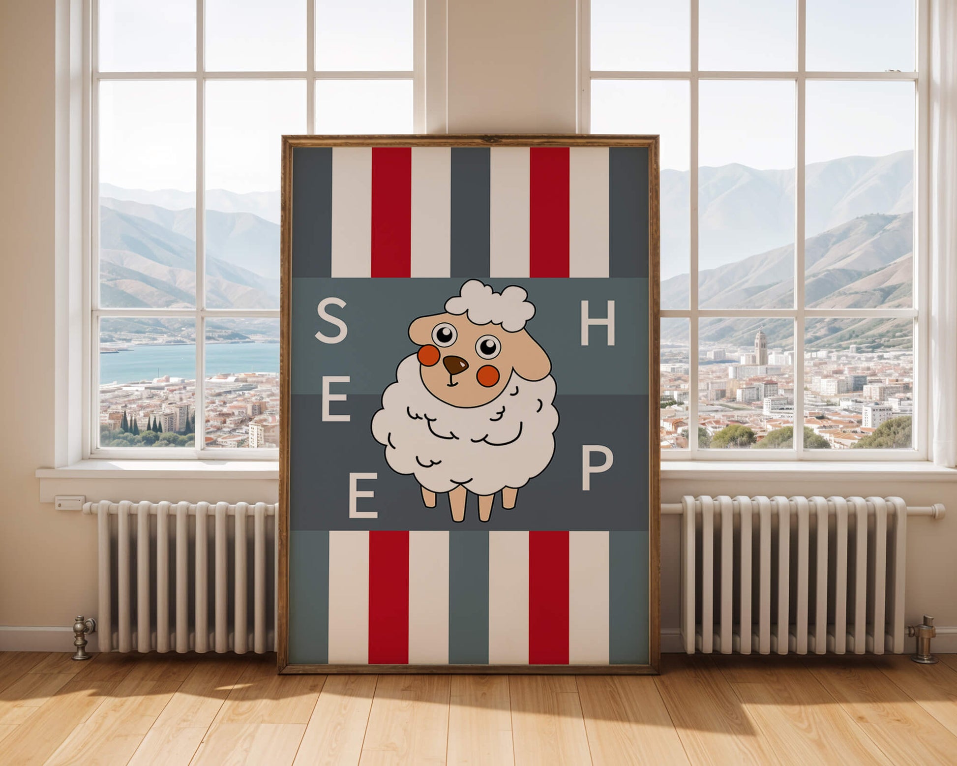 Playful sheep illustration on striped background