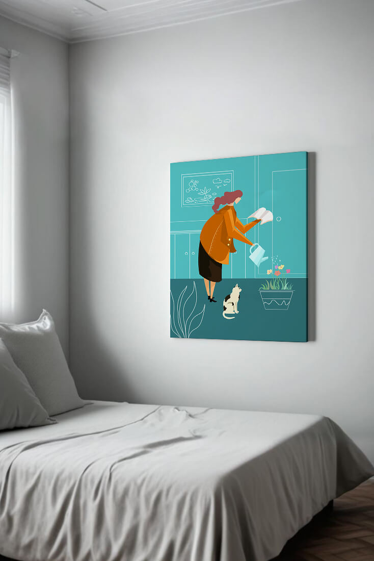 Mujer regando flores con un gato en un interior moderno