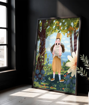 Whimsical Illustration of a Girl in Nature with Golden Hat