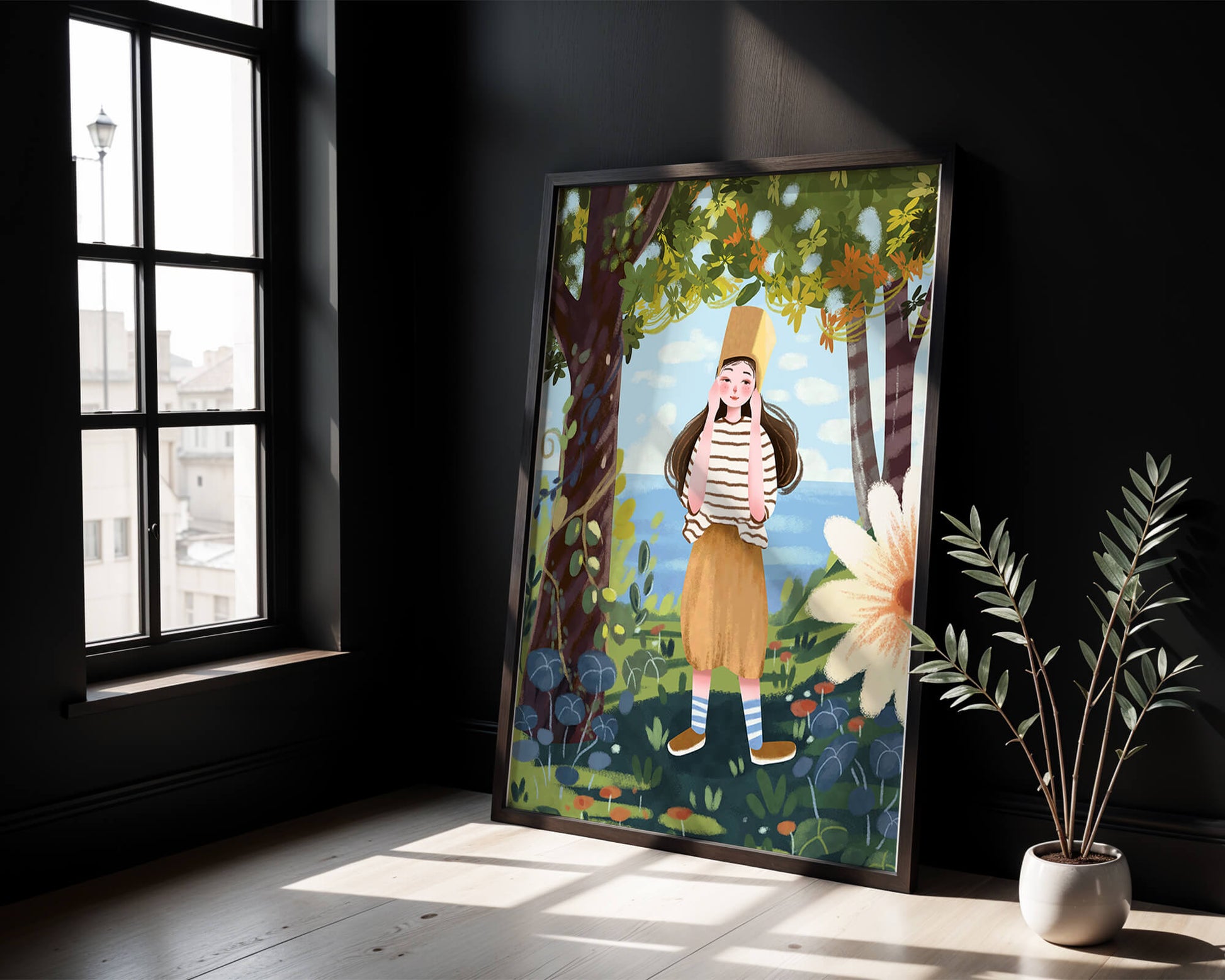Whimsical Illustration of a Girl in Nature with Golden Hat