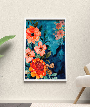 Vibrant floral watercolor design with orange blossoms and blue background