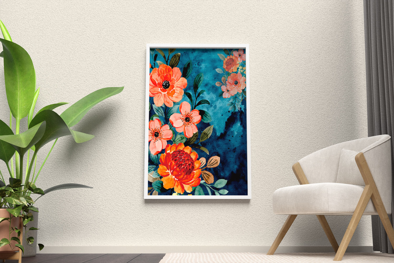 Vibrant floral watercolor design with orange blossoms and blue background