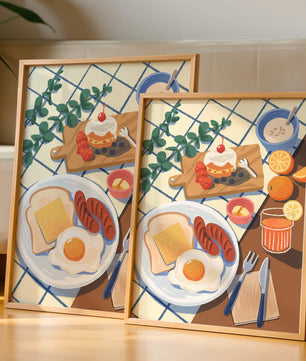 Escena de desayuno colorida con comida y bebida