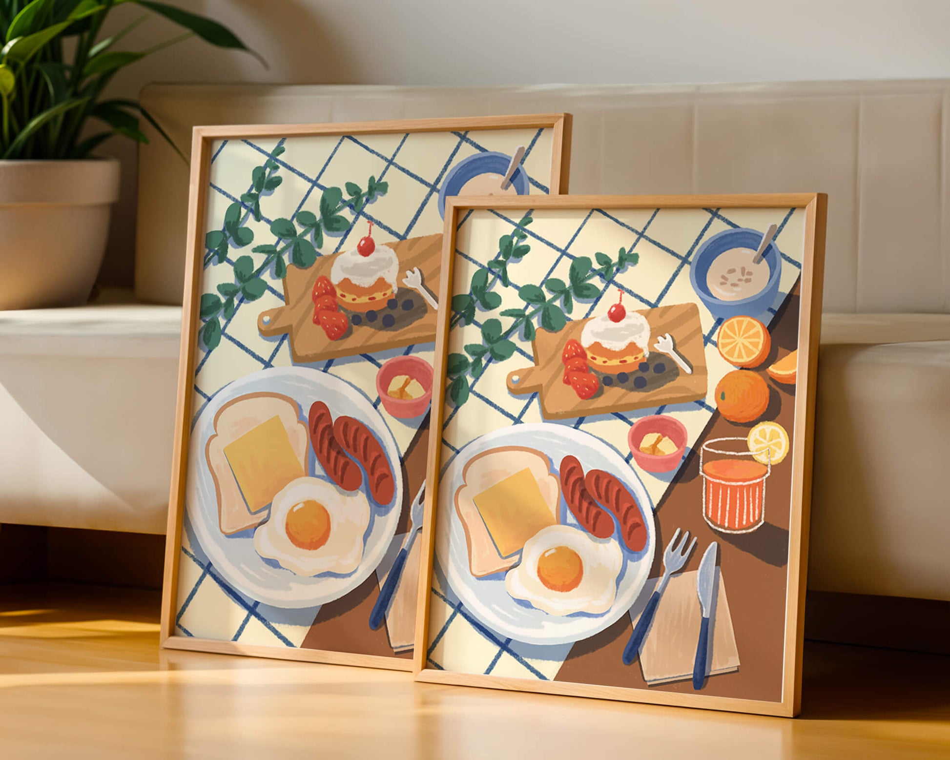 Escena de desayuno colorida con comida y bebida