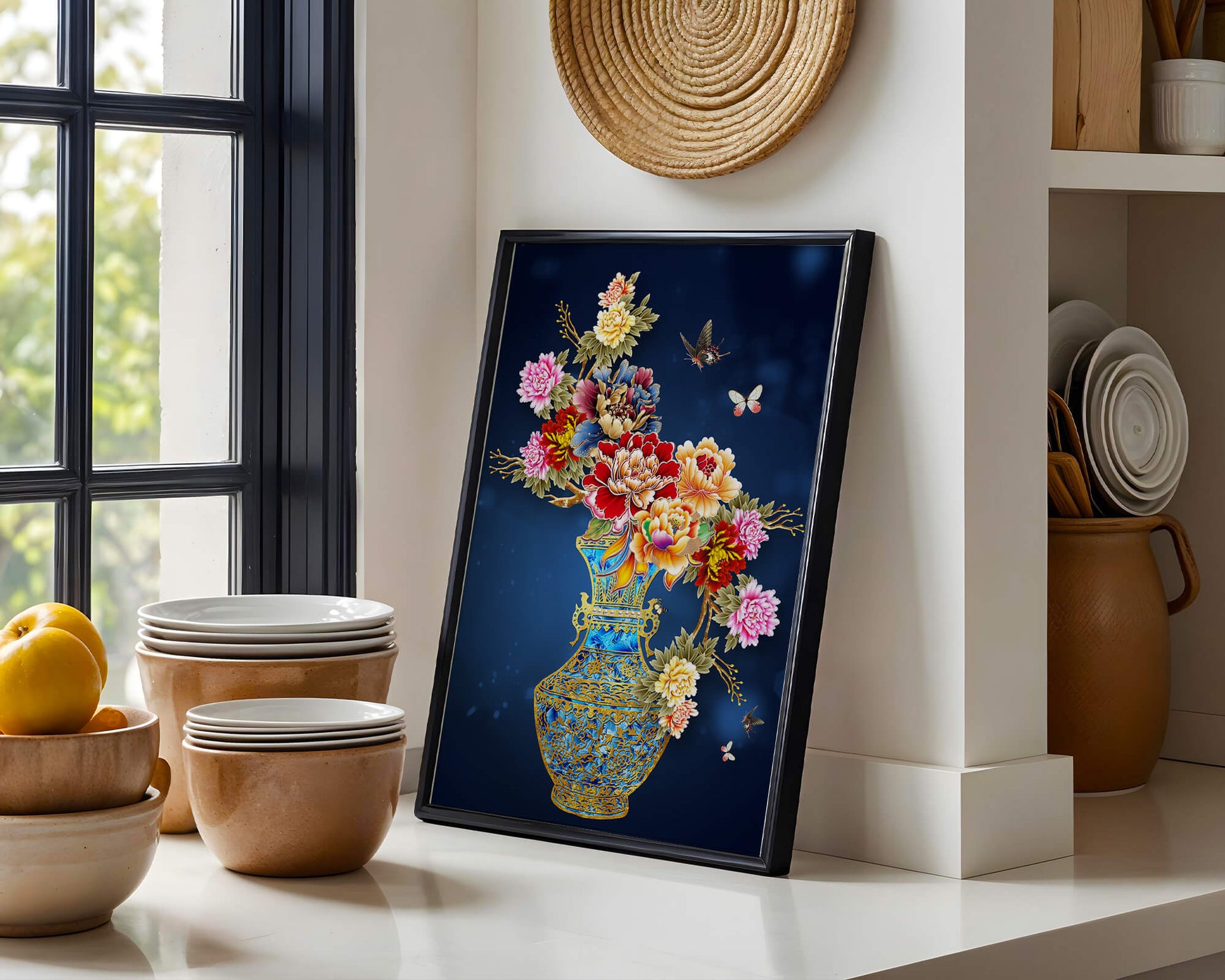 Elegant floral arrangement in ornate gold-accented vase with butterflies