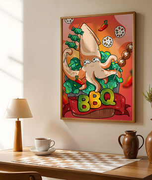 Calamar a la parrilla estilo caricatura peculiar con vegetales