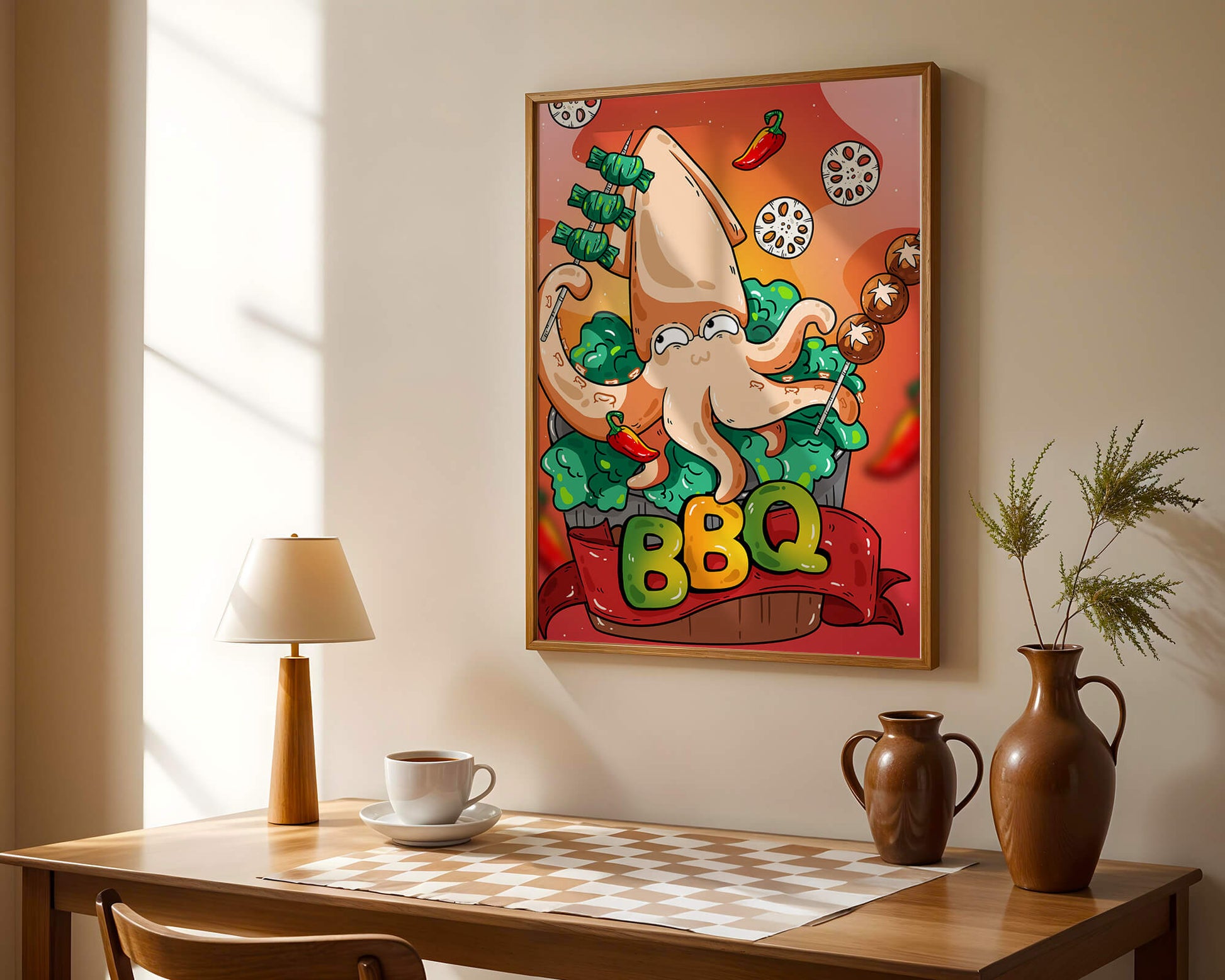 Quirky Cartoon Squid BBQ with Vegetables
