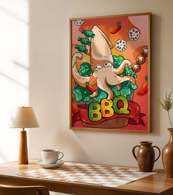 Quirky Cartoon Squid BBQ with Vegetables