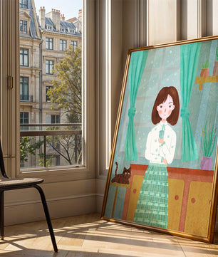 Charming Illustration of Woman and Cat in Cozy Living Room